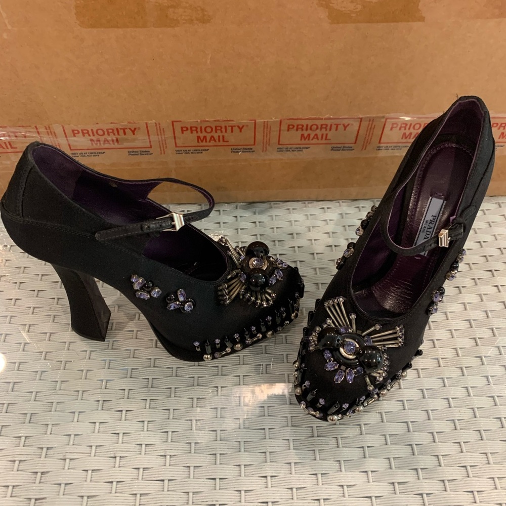 Prada Mary Jane beaded black satin purple silver platform pump size 37.5
